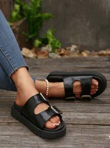 Sandales à talons compensés avec plateforme, sangle  effet pierre noire, style polyvalent pour femmes. Sandales simples à semelle épaisse pour l'extérieur