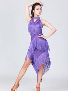 Vestido de baile latino para damas, vestido de competición con lentejuelas y flecos, vestido de baile latino asimétrico con flecos, vestido para actuación en el escenario