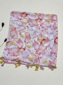 复古风格亚麻印花围巾，波西米亚红色流苏真丝雪纺披肩，适合户外使用，女士沙滩披肩