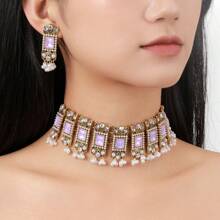 Retro European & American Exaggerated Bohemian Rhinestone Pearl Beads Square Gemstone Choker Necklace Tassel Earrings 3-Piece Set