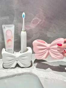 1pc Nordic Style Handmade Ceramic Bowknot Toothbrush Holder, High-End Bathroom Storage & Home Decor, Great Gift For Holiday, Birthday, Party
