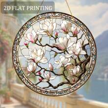 1pc, 2d Flat Lemon Tree - White Magnolia, Red Flowers, Purple Butterfly Sun Catcher, Translucent Circular Window Hanging Decoration, Furniture Natural Theme Decoration, Very Suitable For Walls, Gardens, Porch Furniture Natural Decoration, The Best Holiday Gift For Family And Friends