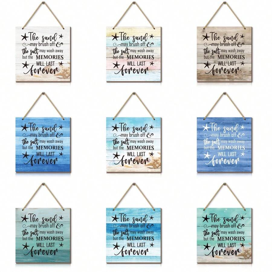 1 Pieza Letrero de madera para puerta de playa, "La arena puede sacudirse, la sal puede lavarse, pero los recuerdos durarán para siempre", placa colgante de pared con diseño de tema oceánico, decoración del hogar, decoración de casa de playa, letrero para familia de playa - Multicolor - Ver 1