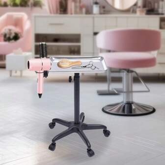 Carrello da salone regolabile con ruote universali per parrucchieri con portautensili, supporto per attrezzature estetiche in alluminio resistente, capacità di carico fino a 22 libbre, facile da spostare e pulire, uso domestico in salone, nero/argento