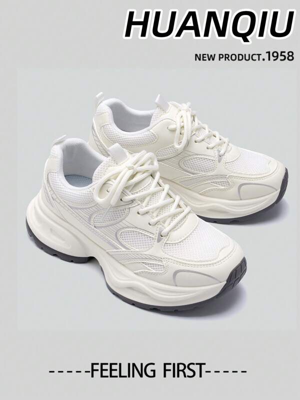 HUANQIU Women's Shoes, Hiking Shoes, Ladies' Sports Shoes, Chunky Sneakers, Mesh Breathable White Shoes, Versatile, Light And Comfortable, Lace-Up Soft-Soled Casual Shoes, Running Shoes, White Four Seasons Shoes