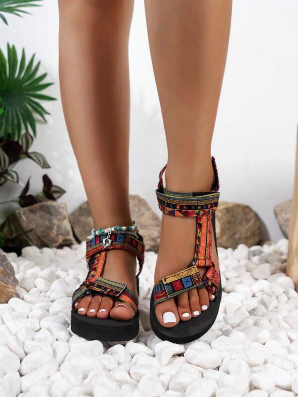Sandalias planas casuales para mujer, nuevas sandalias de verano estilo bohemio con estampado de moda, elegantes, cómodas, a juego con todo, hechas a mano con , para uso en exteriores y playa