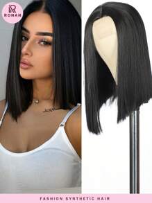 14 Inch Black Bob Wig Middle Part Glueless Synthetic Lace Wig Shoulder Length Short Straight Bob Wigs No Bangs For Women Daily Party Use