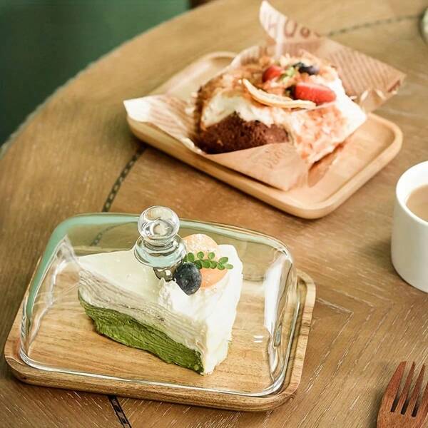 1PC Cake Dessert Wood Plate With Glass Dust Cover Tray Restaurant Serving Dishserving Cheese Pudding Snack Kitchen Plate