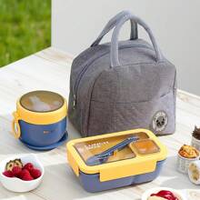 3 piezas Fiambrera, caja de almacenamiento portátil y a prueba de fugas con tapa y bolsa térmica, bolsa grande de almacenamiento de alimentos simple, para volver a la escuela, clase, universidad, oficina, campamento y picnic, útiles escolares, organizadores y almacenamiento de cocina (cremallera aleatoria)