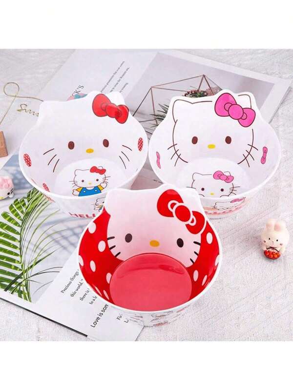 Sanrio 1PC Hello Kitty Bowl And Spoon Set, Melamine Anti-Scalding Tableware, Non-Slip Cartoon Soup Milk Snack Fruit Anime Kawaii Tableware, No Battery Needed, No Feathers, For Parties And Everyday Use
