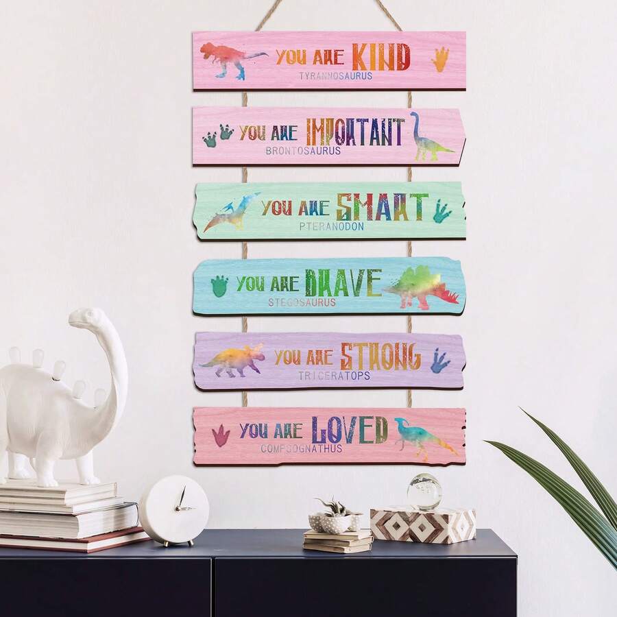 6 件水彩恐龙墙饰艺术，质朴的木制积极心态标志牌，你善良、坚强、勇敢、乐观，家居/卧室/客厅装饰