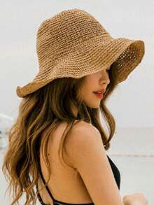 1pc Women's Khaki Wide Brim Straw Hat, Fashionable Retro Large Brim Beach Sun Protection Woven Hat For Summer - Multicolor - View 2