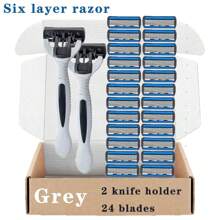 6 Layer Manual Razor Set - 6 Stainless Steel Blades, Replaceable Heads, Includes Handle And 6/12/24 Blades, Sharp & Smooth Shave