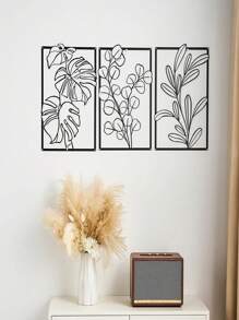 Set de 3 piezas de arte de pared de plantas y metal negro - Decoración moderna para el hogar, acentos festivos, arte de pared elegante