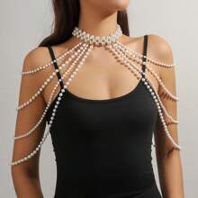 1 pieza Elegante y lujosa cadena de Body con borla de perlas falsas, collar multicapa, adecuado para ocasiones diarias y de fiesta, regalo de San Valentín/Navidad, accesorio perfecto para vacaciones en Maldivas, para todo el año