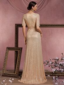 XUIBOL High-Quality Elastic Sequin Dress, Very Comfortable Wear, Suitable For Different Body Types, V-Neck Short Sleeve A-Line Silhouette, Unique Twist Detail, Solid Color Elegant Luxury Long Dress For Women, Suitable For Various Occasions Like Parties, Graduations, Weddings, Events, Ladies Formal Evening Gowns, Ball Gowns, Mother Of The Bride/Bridesmaid Dresses Prom Wedding Guest Dress, Dinner Party Dress - Champagne - View 3
