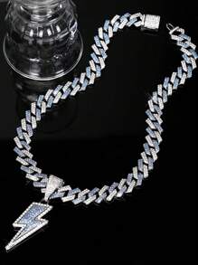 1 pieza Collar con colgante de hombre con relámpago de cristal de hielo - Cadena cubana brillante, estilo Hip-Hop Rapper