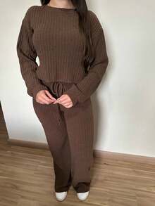 Ribbed Mousse Knit Set Confy Comfortable Autumn Winter Casual Basic - 鏽棕色 - 查看 2