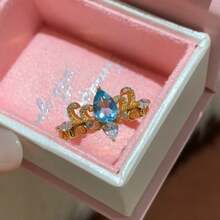 1 件复古蓝色泪滴皇冠戒指，轻奢复古宫廷设计，食指戒指的多功能设计