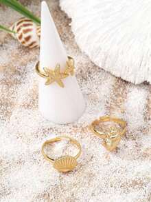 1 Set Stylish And Elegant Beach Resort Series Stainless Steel & Alloy Rings With Cute Ocean-Themed Designs - Gold - View 4
