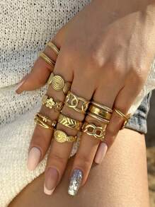 10er Set Edelstahl Ringe mit 18K Vergoldung, überspitzt, Hip-Hop Mode, rundes Design, verstellbar