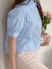 女式夏季后背荷叶边短袖衬衫 - 藍色 - 查看 3