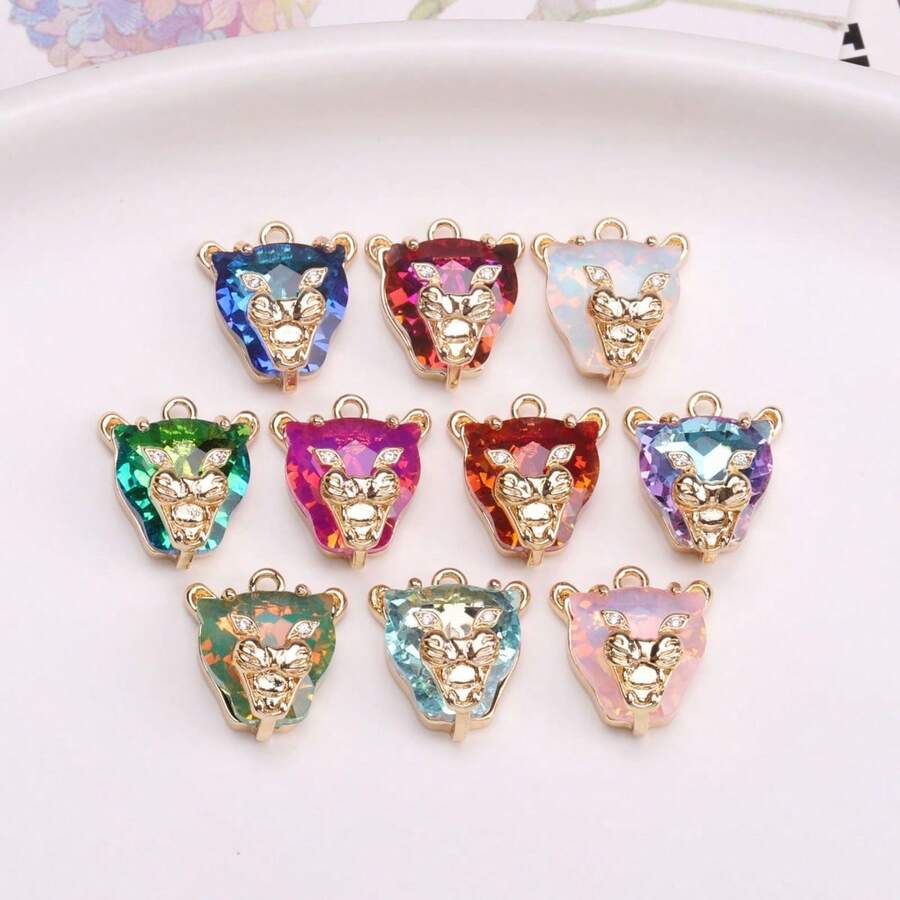 3pcs Copper Inlaid Ombre Crystal Leopard Pendant, Suitable For DIY Earrings, Bracelets, Necklaces, Keychains