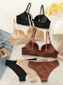 6pcs/Set Women's Solid Color Underwire Bra And Bikini Panty Set - Multicolor - View 1