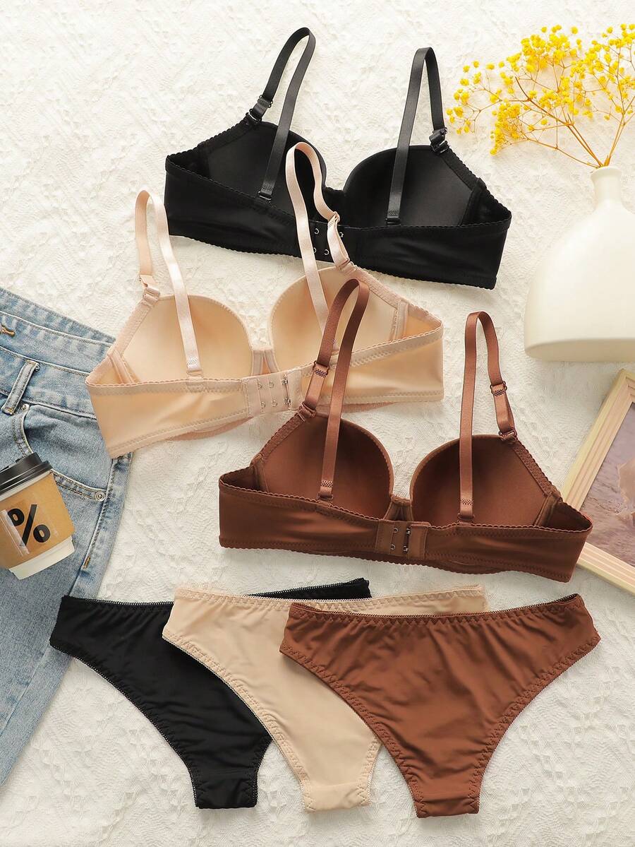 6pcs/Set Women's Solid Color Underwire Bra And Bikini Panty Set - Multicolor - View 1