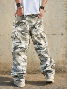 美式复古白灰迷彩牛仔裤，宽松口袋直筒休闲工装裤，硬汉气质 - 淺灰色 - 查看 2