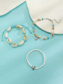 3 pièces/Set Bracelets thème océanique, comprenant des bracelets perles coquille/étoile de mer/tortue/conque, style plage d'été, bracelet en cordon fait main pour femmes