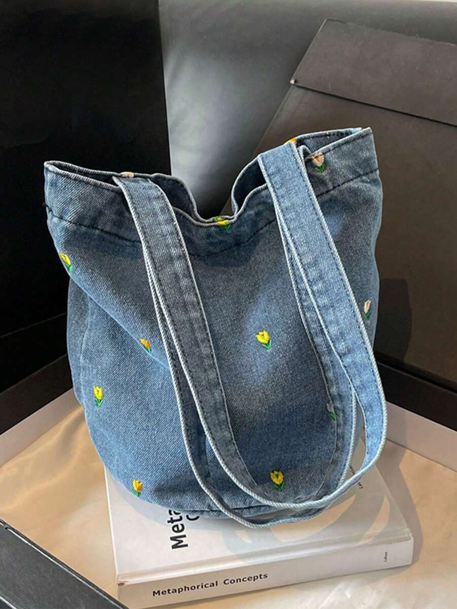 Vintage Denim Floral Embroidery Versatile Shoulder Bag, Student Lunch Bag, Bucket Bag For Women