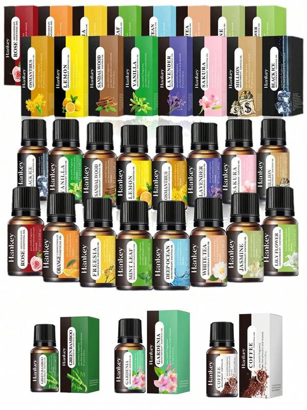 Set de 2 aceites esenciales, 19 aromas incluyendo rosa, lavanda, jazmín, vainilla, océano, etc. de 10ml cada uno, adecuado para difusores de aceites esenciales, velas, quemadores, piedras, humidificadores, difusores de coche, recambios de fragancia para el hogar; compatible con difusores de hogar y portátiles
