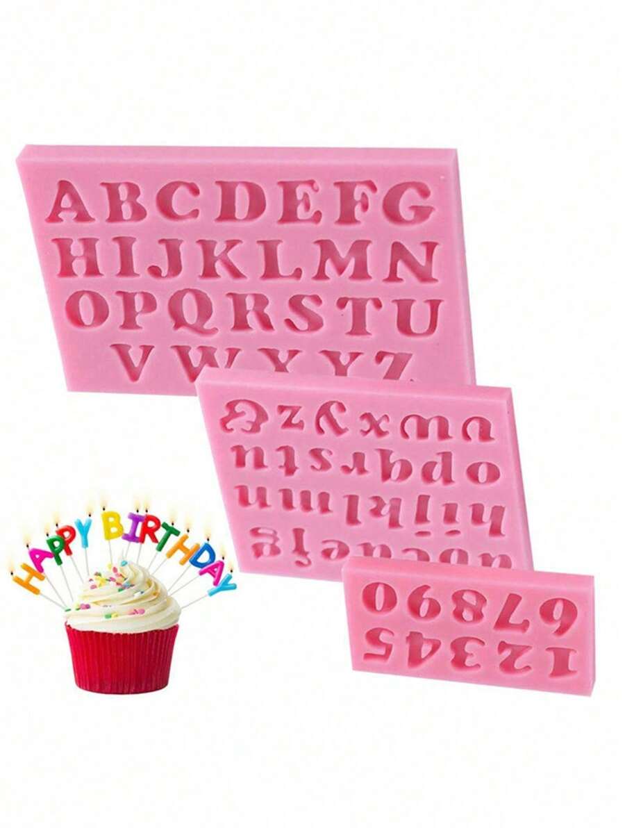 Set de 1/3 piezas Mini molde de silicona 3D alfanumérico para fondant, molde de letras y números de dibujos animados para chocolate, herramienta de decoración de pasteles DIY, utensilios de cocina, accesorios de cocina, artículos de cocina para el hogar - Multicolor - Ver 1