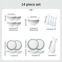 French Style Porcelain Dinnerware Set, Includes Rice Bowl, Dinner Plate, Spoon, Soup Bowl, Chopsticks, 7 Piece Combo Options, Suitable For Serving Rice, Vegetables, Fruit, Salad, Etc. Fits 2-6 People,School Supplies