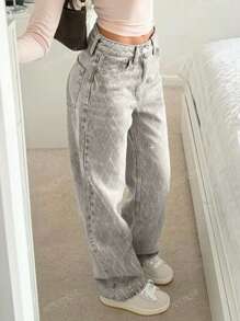 MYOURSA Sparkly Rhinestone Y2k Vintage Loose Fit Wide Leg Jeans Light Grey
