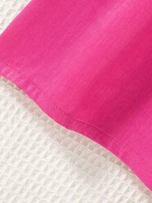 Young Girls Colorful 3D Floral Puff Sleeve Solid Ruched Denim Effect Dress - Hot Pink - View 4