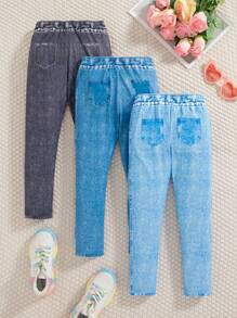 3pcs Girls Denim Effect Print Fitted Pants Set
