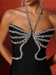 Elisanya Love Aing Women's Luxury Evening Gown, Halter Neck Heavily Embellished Backless Sexy High Slit Formal Party Elegant Dress