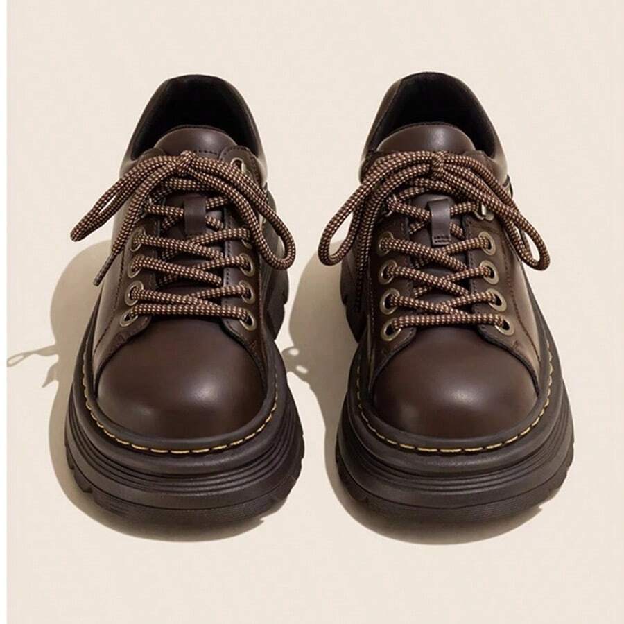 New British Style Leather Lace-Up Shoes With Round Toe And Low Heel For Women