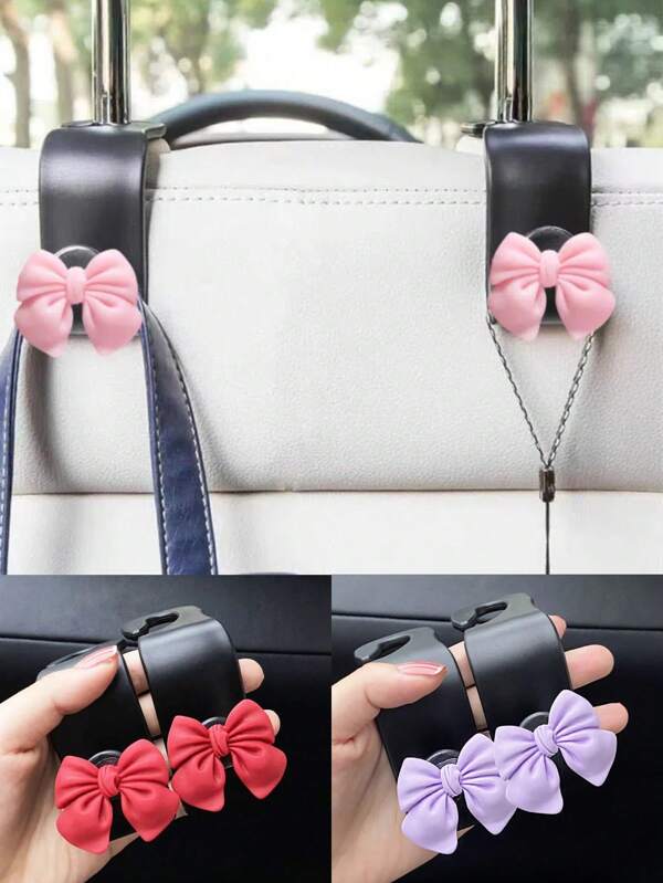 2pcs Cute Bow Decoration Car Seat Backrest Hooks, Bow Cartoon Car Multifunctional Car Hooks, Women's Car Interior