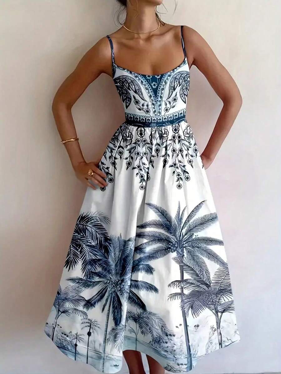 Spring Women Floral Print Backless Spaghetti Strap Vacation Dress - Multicolor - View 1