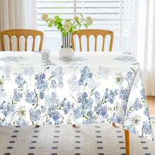 1pc Watercolor Floral Pattern Polyester Tablecloth, Spring/Summer Blue Green White Flower & Leaf Festive Tablecloth, Washable Seasonal Tablecloth, Home Kitchen Dining Party Picnic Decor, Gift