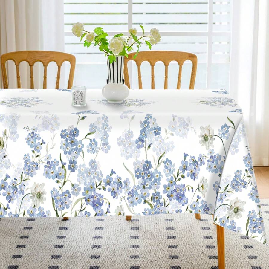1pc Watercolor Floral Pattern Polyester Tablecloth, Spring/Summer Blue Green White Flower & Leaf Festive Tablecloth, Washable Seasonal Tablecloth, Home Kitchen Dining Party Picnic Decor, Gift