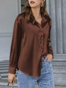Women's Elegant Solid Color Satin Long Sleeve Blouse, Suitable For Commuting, Spring/Summer - Brown - View 5