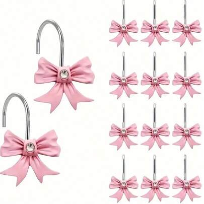 12pcs/Box Pink Bowknot Shower Curtain Hooks, Anti-Rust Curtain Hooks For Bathroom & Bedroom Decorationbathroom Decor Fall Decor Bathroom Accessories