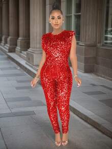 Women's Glamorous Sleeveless Sequins Backless Long Party Jumpsuit With Zipper, High Stretch Fabric For An Alluring Look,Sleeveless Round Neck Sequined Waist Cinching Jumpsuit,Fall Women Clothes ,Winter Jumpsuit Women,Halloween Costume,New Year Clothes