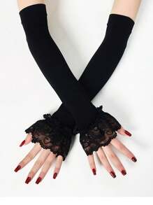1 Pair Women's Lace Trim Lightweight Sun Protection Arm Sleeve Gloves, Solid Color, Spring & Autumn