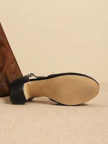 Women High Heel Mary Jane Shoes, Velvet Glitter T-Strap Side-Cut Round Toe Thick Heel, Suitable For Party, Wedding, Christmas, Office, Business Commute, Spring, Summer, Black High Heels, With Dress, Ballet, Sandals, Latin Dance Shoes - Black - View 7