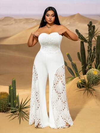 Plus Size Summer Two Pieces Set: Lace Tube Top & Wide Leg Pants - Effortless Boho-Chic Outfit For Urban Exploration, Coffee Shop Dates, And Casual Sundays